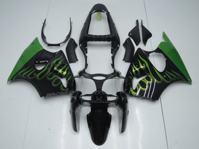 Buy 2000-2002 Black with Green Flame Kawasaki ZX6R Motorcyle Fairings UK