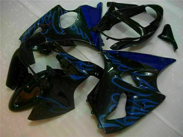 Buy 2000-2002 Black with Blue Flame Kawasaki ZX6R Motorbike Fairings UK