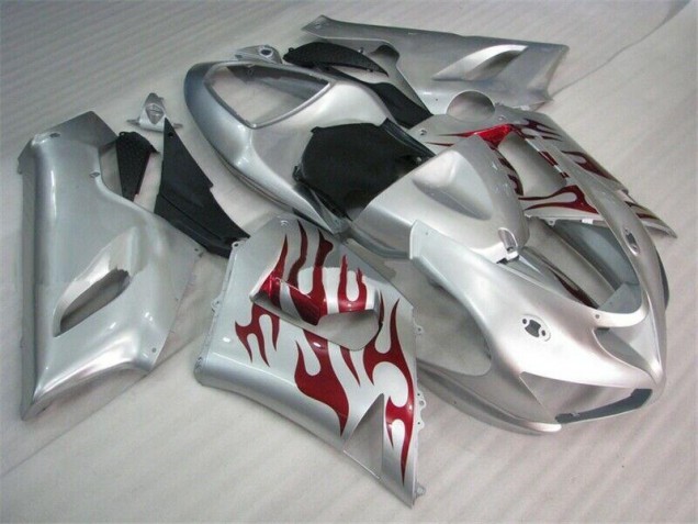 Buy 2005-2006 Silver Red Flames Kawasaki ZX6R Motorcycle Fairings UK